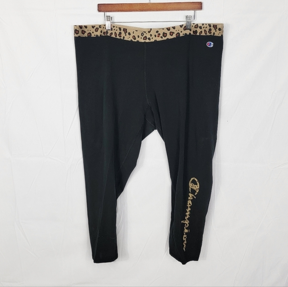 Champion Black Leggings with Leopard Waistband and Gold Logo